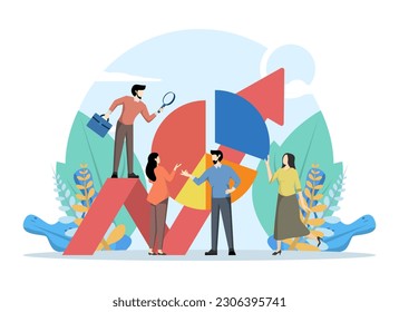 Concepto de analista de datos, Mostrar personajes de equipo de empresario con datos que investigan estadísticas de big data, UI, web, tarjeta de introducción de aplicaciones, editorial, volante y banner, Ilustración de vectores planos.