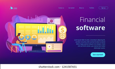 Data analyst consolidating financial information and reports on computer. Financial data management, financial software, digital data report concept. Website vibrant violet landing web page template.