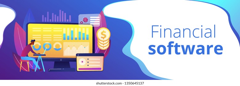 Data analyst consolidating financial information and reports on computer. Financial data management, financial software, digital data report concept. Header or footer banner template with copy space.