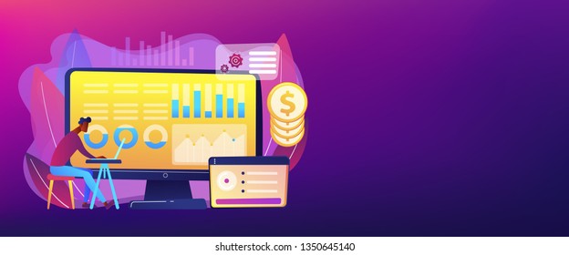 Data analyst consolidating financial information and reports on computer. Financial data management, financial software, digital data report concept. Header or footer banner template with copy space.