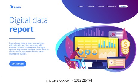 Data analyst consolidating financial information and reports on computer. Financial data management, financial software, digital data report concept. Website vibrant violet landing web page template.