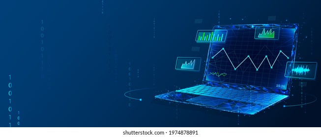 Data analyst consolidating financial information and reports on computer. Financial data management, financial software, digital data report concept. Polygonal illustration.