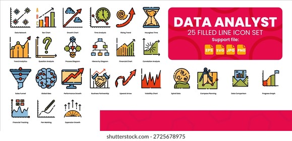 Conjunto de iconos de color de línea llena de analista de datos para gráficos y análisis de negocios. Consta de 25 iconos que incluyen red de datos, gráficos de barras, gráficos de crecimiento, análisis de tiempo, tendencias en aumento y otros.