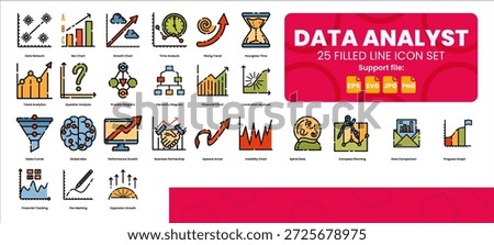 Data analyst filled line color icon set for business charts and analysis. Consisting of 25 icons including data network, bar charts, growth charts, time analysis, rising trends, and others.