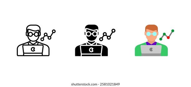 Data analyst icon. Business intelligence sign. Research and statistics symbol. Scientist with laptop and graph pictogram. Digital trends and market strategy illustration.