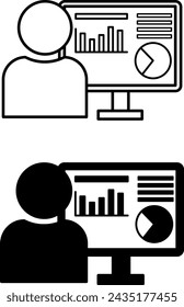 Data Analyst Icons. Black and White Vector Icons of a Person Studying and Analyzing Data on a Computer. Data Analysis Concept