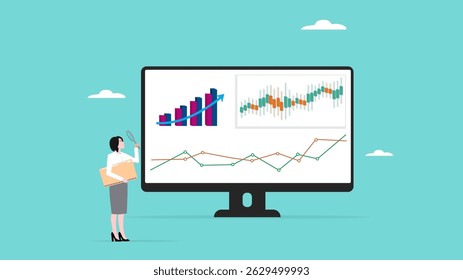 data analyst illustration, Financial Analyst Or Consultant, analysis of economic growth graphs, business growth analysis, businesswoman analyze data with magnifying glass and company document