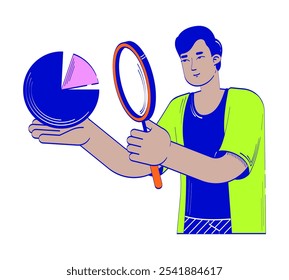 Conceito de ilustração de linha de doodle de lupa do analista de dados. Homem indiano com loupe segurando gráfico. Caractere de contorno 2D do estatístico de planejamento de estratégia isolado. Desenho a tinta desenhado à mão monocromático