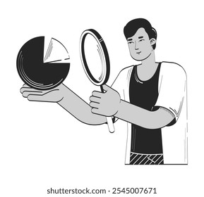 Data analyst magnifying glass doodle line illustration concept. Indian man with loupe holding chart. Strategy planning statistician 2D outline character isolated. Hand drawn ink drawing monochrome