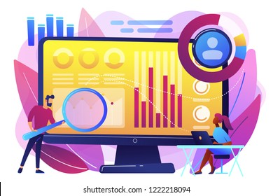 Data analyst oversees and governs income, expenses with magnifier. Financial management system, finance software, IT management tool concept. Bright vibrant violet vector isolated illustration