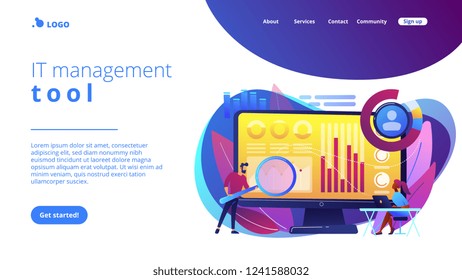 Data analyst oversees and governs income, expenses with magnifier. Financial management system, finance software, IT management tool concept. Website vibrant violet landing web page template.