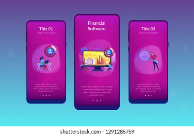 Data analyst oversees and governs income, expenses with magnifier. Financial management system, finance software, IT management tool concept. Mobile UI UX GUI template, app interface wireframe