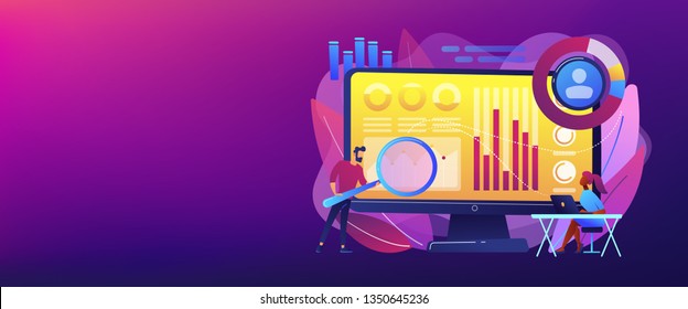 Data analyst oversees and governs income, expenses with magnifier. Financial management system, finance software, IT management tool concept. Header or footer banner template with copy space.