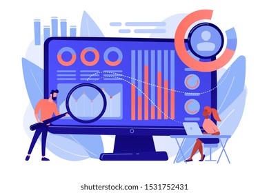 Data analyst oversees and governs income, expenses with magnifier. Financial management system, finance software, IT management tool concept. Pinkish coral bluevector isolated illustration