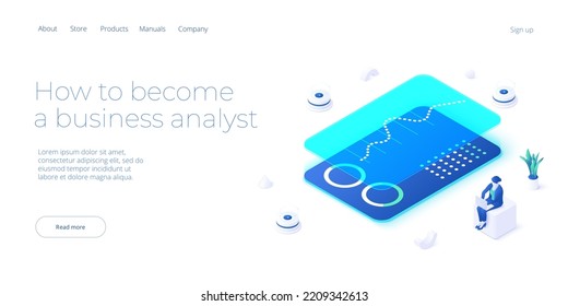 Analista de datos o concepto científico en ilustración vectorial isométrica. Análisis de grandes datos o procesamiento y análisis de información. plantilla de diseño de banners web