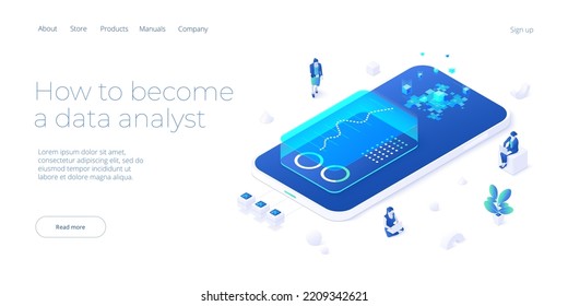 Data analyst or scientist concept in isometric vector illustration. Big data analysis or information processing and analytics. Web banner layout template