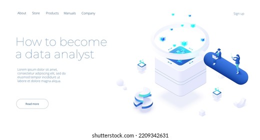 Data analyst or scientist concept in isometric vector illustration. Big data analysis or information processing and analytics. Web banner layout template