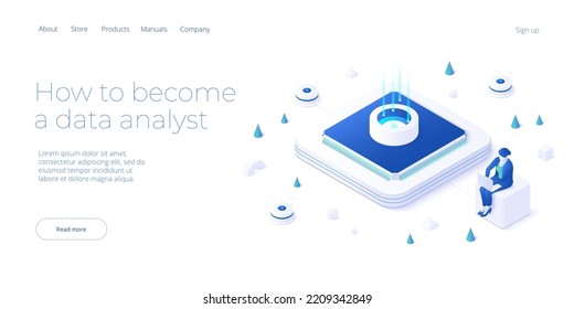 Data analyst or scientist concept in isometric vector illustration. Big data analysis or information processing and analytics. Web banner layout template