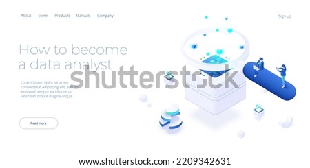 Data analyst or scientist concept in isometric vector illustration. Big data analysis or information processing and analytics. Web banner layout template