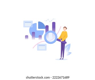 Data analyst and scientist. an employee or staff doing research and analysis of data to marketing interests or product development. Analyze data. illustration concept design. graphic element