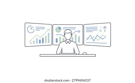 Data analyst sitting at a desk in front of three large monitors displaying complex financial charts, graphs, and performance metrics for business review.
