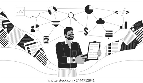 Habilidades de analista de datos concepto de ilustración 2D blanco y negro. Experto en análisis masculino afroamericano sosteniendo el fondo de la escena de la caricatura del esquema del Portapapeles. Vector monocromo de metáfora de gestión de base de datos