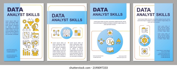 Data analyst skills blue brochure template. Computer science. Leaflet design with linear icons. Editable 4 vector layouts for presentation, annual reports. Arial-Black, Myriad Pro-Regular fonts used