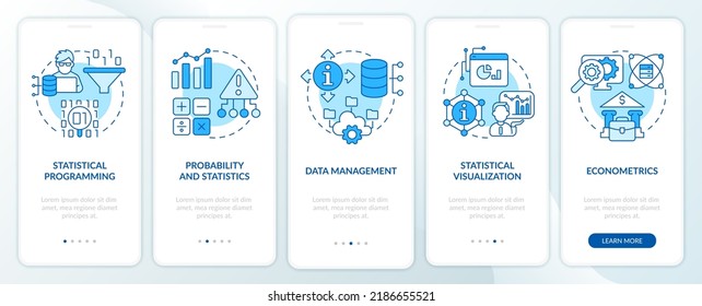 Data analyst skills blue onboarding mobile app screen. Profession walkthrough 5 steps editable graphic instructions with linear concepts. UI, UX, GUI template. Myriad Pro-Bold, Regular fonts used
