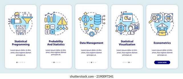 Data analyst skills onboarding mobile app screen. Profession walkthrough 5 steps editable graphic instructions with linear concepts. UI, UX, GUI template. Myriad Pro-Bold, Regular fonts used