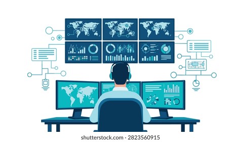 Data analyst wearing a headset at a desk with multiple monitors displaying global maps and complex statistics in a professional office setting.