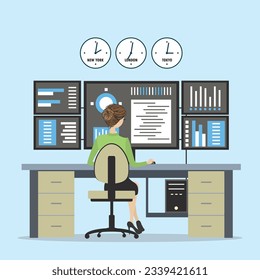 Data analyst works behind large number of monitors. Workplace of programmer, female employee sits at desk, rear view. System administrator at work. flat vector illustration