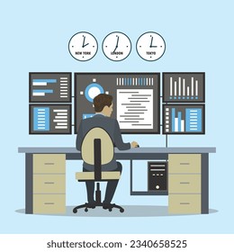 Datenanalytiker arbeiten hinter einer großen Anzahl von Monitoren. Der Arbeitsplatz des Programmierers, der männlichen Angestellten oder des Geschäftsmanns sitzt am Schreibtisch, Rückansicht. Systemadministrator bei der Arbeit. flache Vektorgrafik