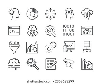 Iconos de línea delgada de análisis de datos. Para diseño de marketing de sitios web, logotipo, aplicación, plantilla, ui, etc. Ilustración vectorial.