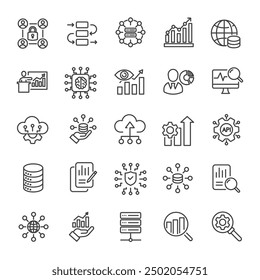 Colección de iconos de línea delgada de análisis de datos. Para el diseño de marketing de Sitio web, logotipo, App, Plantilla, ui, etc. Ilustración vectorial.