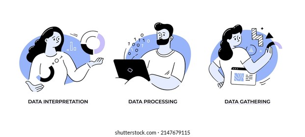 Los analistas de datos reúnen, procesan e interpretan conjuntos de datos. Los profesionales de TI procesan datos sin procesar para darle sentido. Grandes conceptos vectores de datos y ciencia de datos para narración y expresión visual