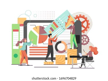 Data Analysts, Micro Male And Female Characters Analysing Statistical Data Of Analytics Charts On Tablet Screen, Vector Flat Style Design Illustration. Business Analytics, Financial Data Analysis.