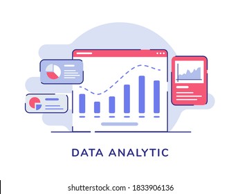 Data analytic concept bar chart on display computer screen pie curve chart white isolated background with flat outline style