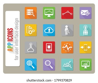 Data analytic icons set in flat design with long shadow