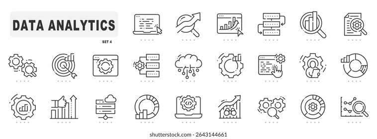 Ícones de linha relacionados à análise de dados. Gráfico, estatísticas, investigação, etc. Traçado editável