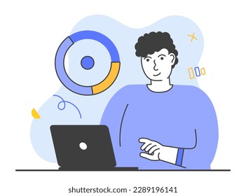 Data analytic scene. Financial management illustration set. Character look at laptop, money management, tax. Personal finance management and financial literacy concept. Vector illustration