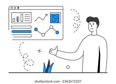Escena analítica de datos. Hombre con ventana web. Escena de personajes de moda. Ilustración del vector