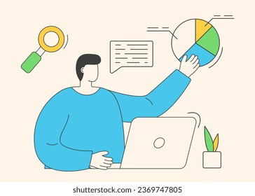 Data analytic scene. Trendy Business character. Financial management illustration. Personal finance management and financial literacy concept. Trendy character analytic. Vector illustration