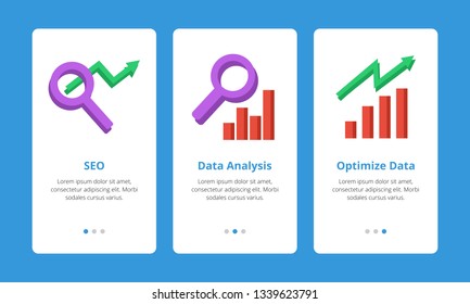 Data analytic SEO onboarding mobile app design page screens with flat vector illustration  UI  UX vector template