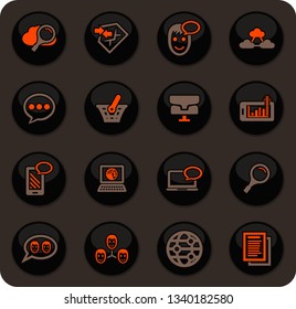 Data analytic and social network color vector icons on dark background for user interface design
