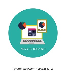 Data and analytical research concept with laptop and calculator icon flat vector illustration