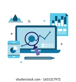 Data and analytical research concept with laptop and magnifying glass icon flat vector