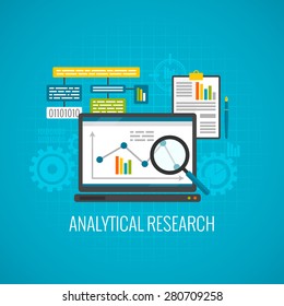 Data and analytical research concept with laptop and magnifying glass icon flat vector illustration
