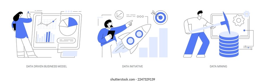 Conjunto de ilustraciones vectoriales de concepto abstracto de análisis de datos. Modelo de negocio impulsado por datos, iniciativa de información, minería de datos, toma de decisiones, análisis de aprendizaje automático, metáfora abstracta de plataforma abierta.