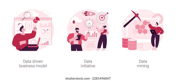 Data analytics abstract concept vector illustration set. Data driven business model, information initiative, data mining, decision making, machine learning analytics, open platform abstract metaphor.