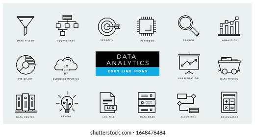 Data Analytics and AI icon set - minimal thin outline, web icon and symbol collection – Data filter, veracity, platform, analytics, cloud computing, mining, reveal. Simple edgy vector illustration.